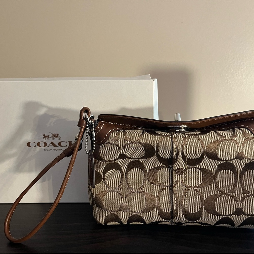 Coach Signature Brown and Cream Wristlet